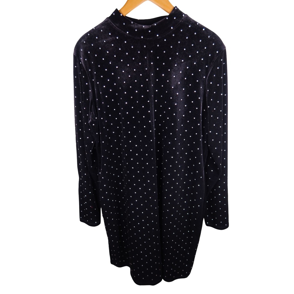 Black Velvet Rhinestone Mock Neck Long Sleeve Mini Dress Shift Party Event XL